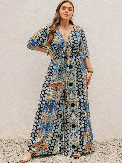 Plus Size Printed Half Sleeve Wide Leg Jumpsuit - Couture Envy