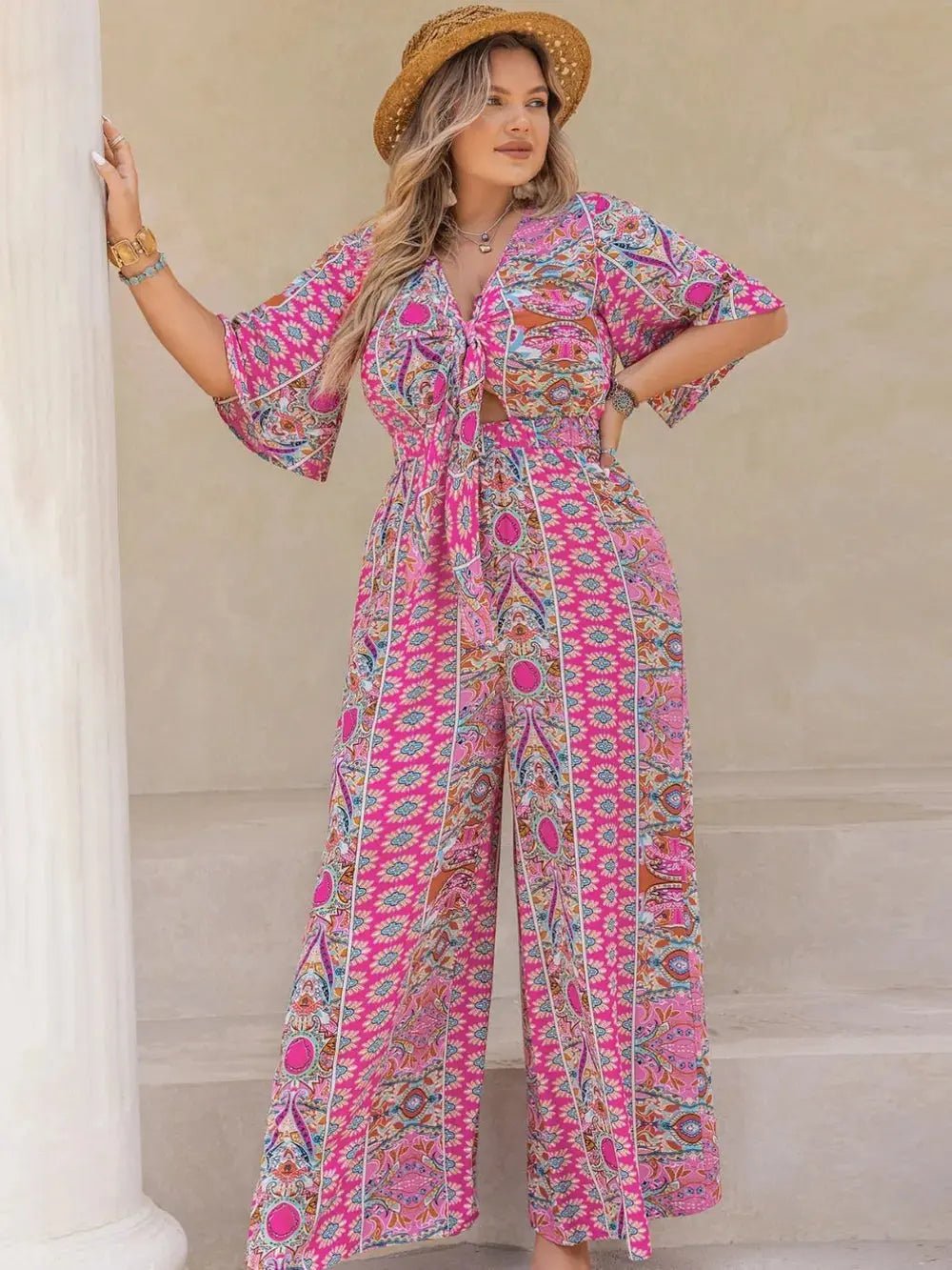 Plus Size Printed Half Sleeve Wide Leg Jumpsuit - Couture Envy