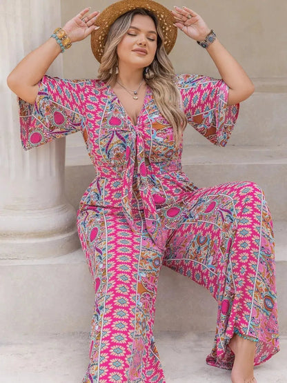 Plus Size Printed Half Sleeve Wide Leg Jumpsuit - Couture Envy