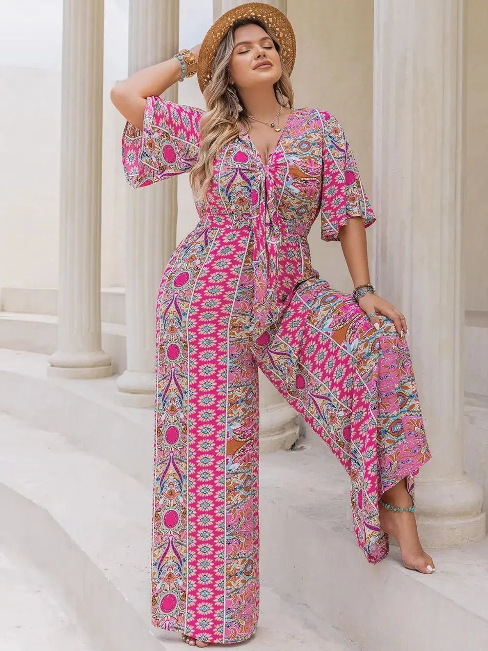 Plus Size Printed Half Sleeve Wide Leg Jumpsuit - Couture Envy