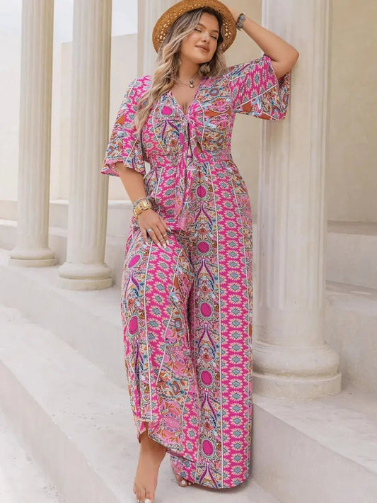 Plus Size Printed Half Sleeve Wide Leg Jumpsuit - Couture Envy