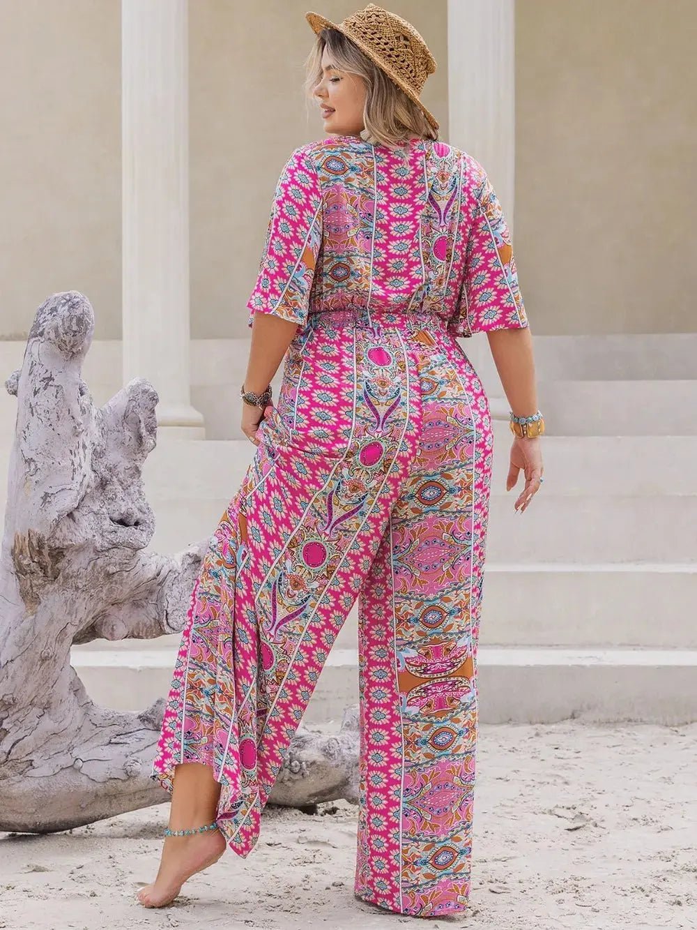 Plus Size Printed Half Sleeve Wide Leg Jumpsuit - Couture Envy