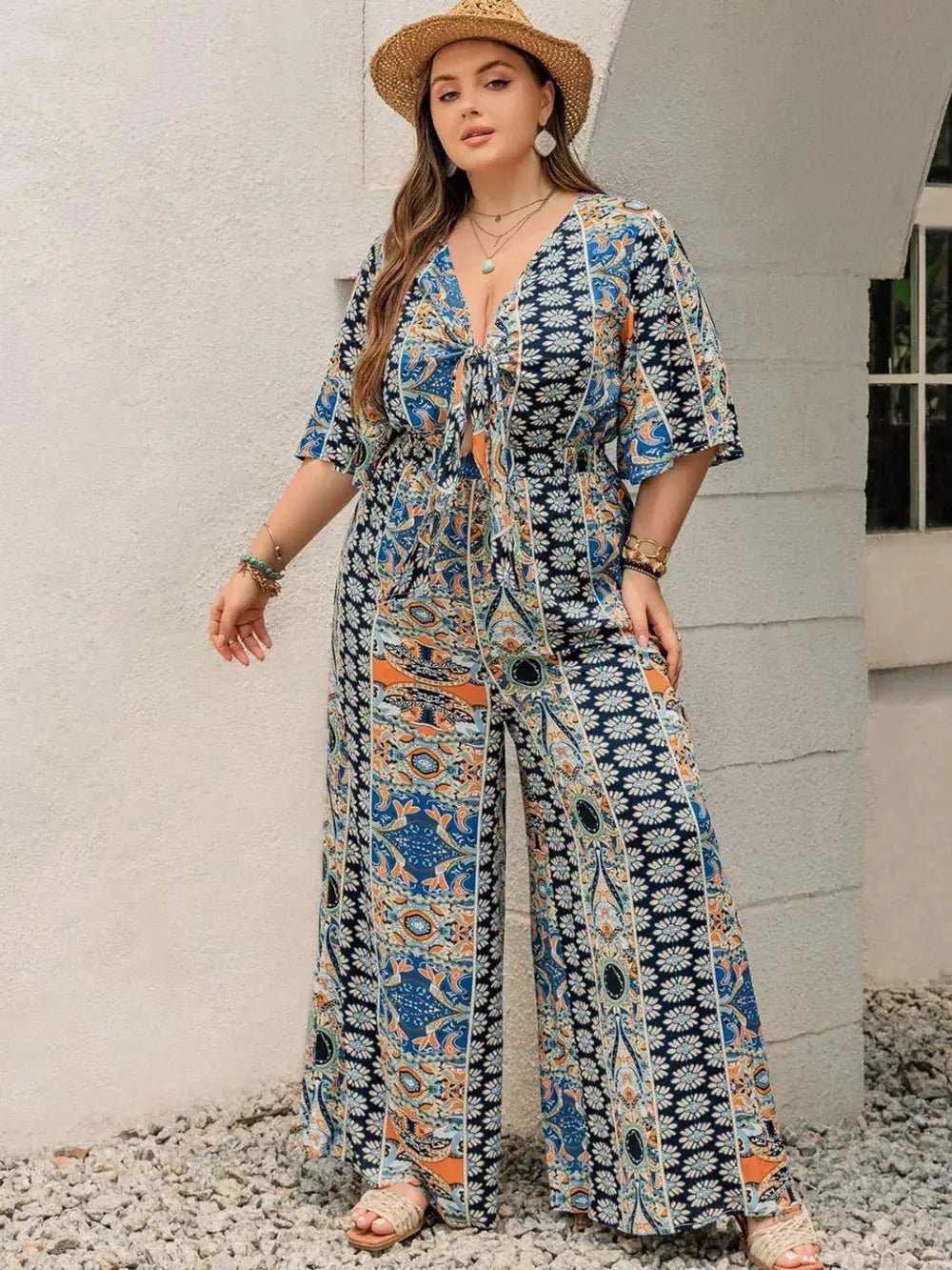 Plus Size Printed Half Sleeve Wide Leg Jumpsuit - Couture Envy