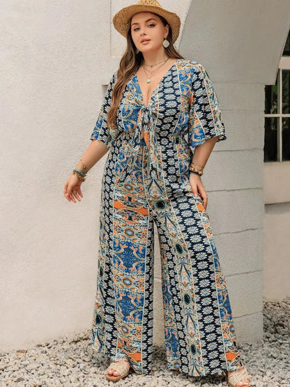 Plus Size Printed Half Sleeve Wide Leg Jumpsuit - Couture Envy