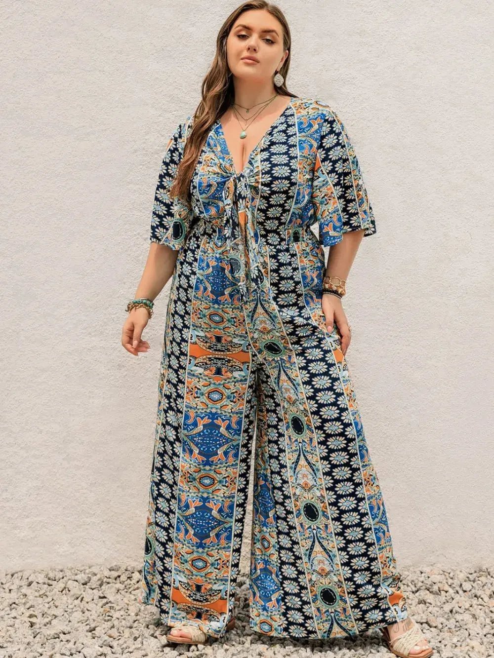 Plus Size Printed Half Sleeve Wide Leg Jumpsuit - Couture Envy