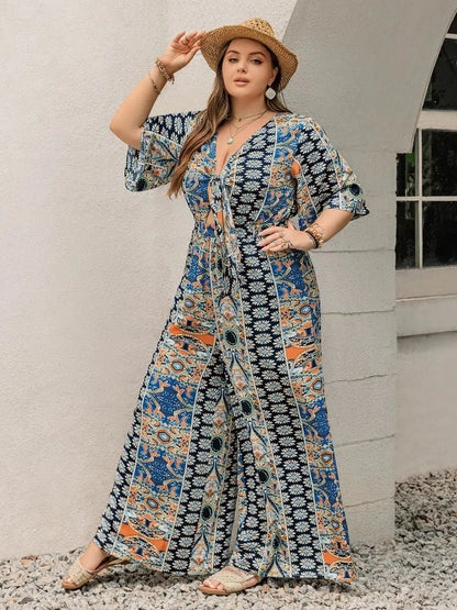 Plus Size Printed Half Sleeve Wide Leg Jumpsuit - Couture Envy