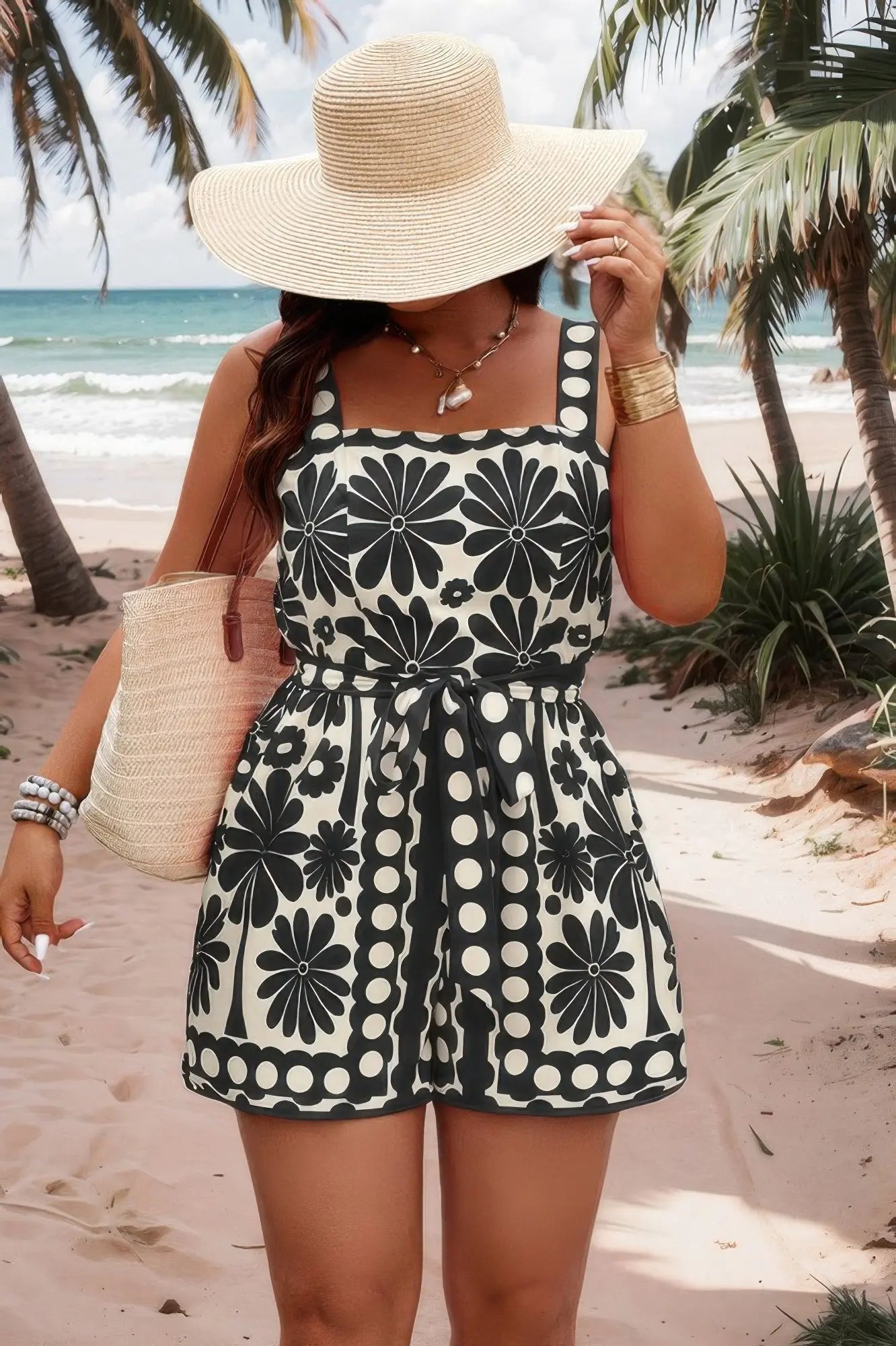 Plus Size Random Printed Belt Sleeveless Romper - Couture Envy