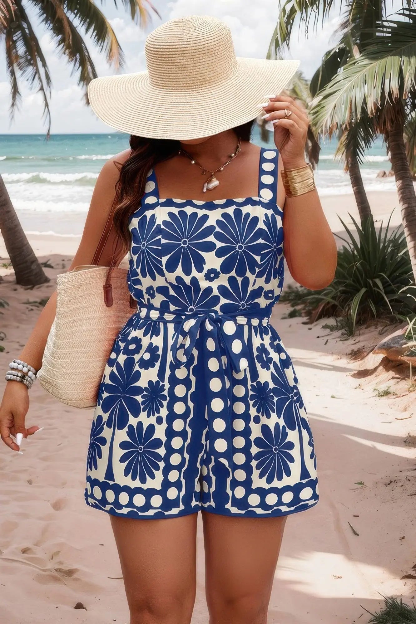 Plus Size Random Printed Belt Sleeveless Romper - Couture Envy