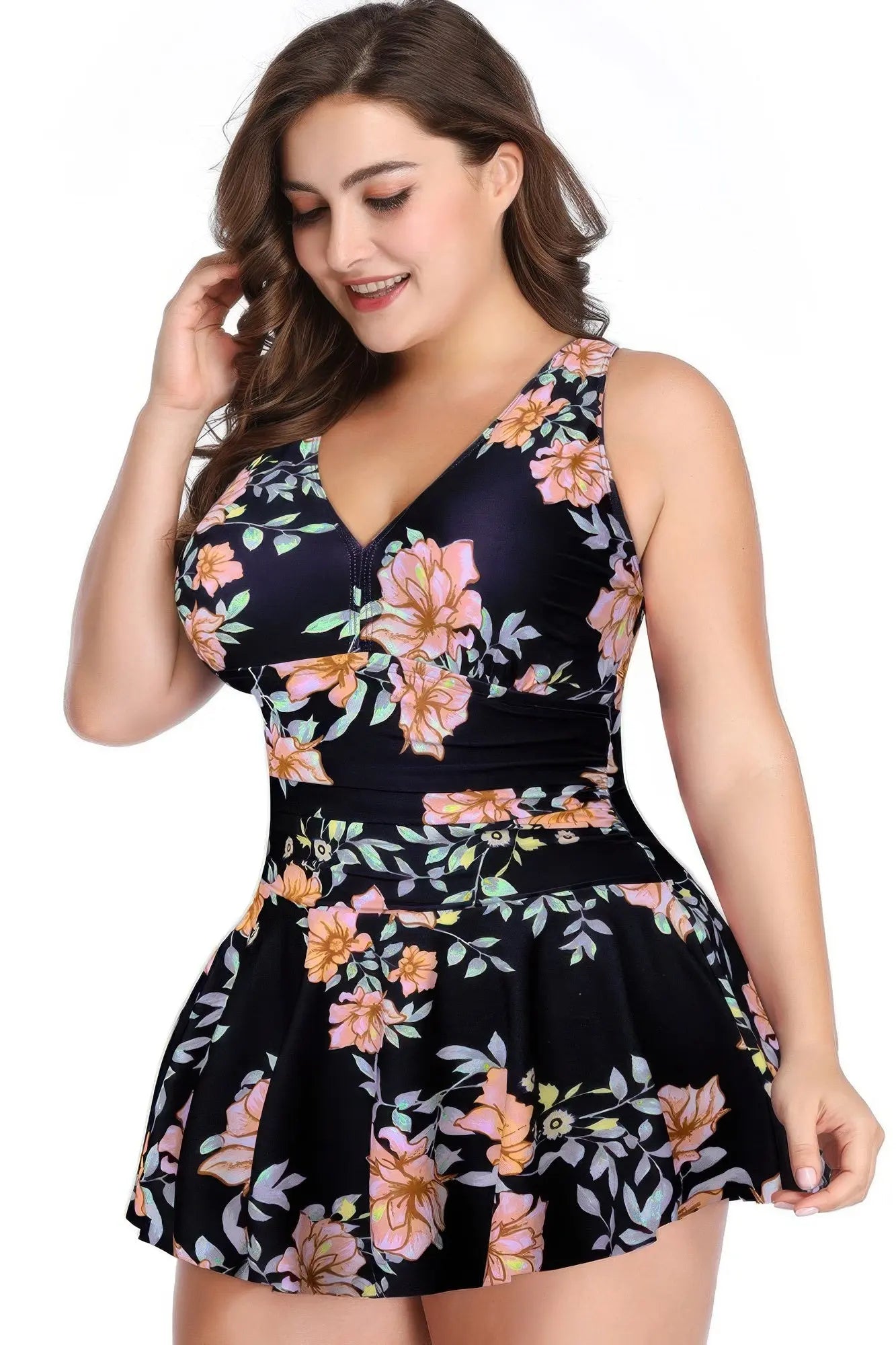 Plus Size Solid Ruffle V Neck Fit Swimsuits - Couture Envy