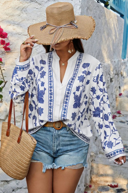 Plus Size V Neck Button Floral Print Loose Blouse - Couture Envy