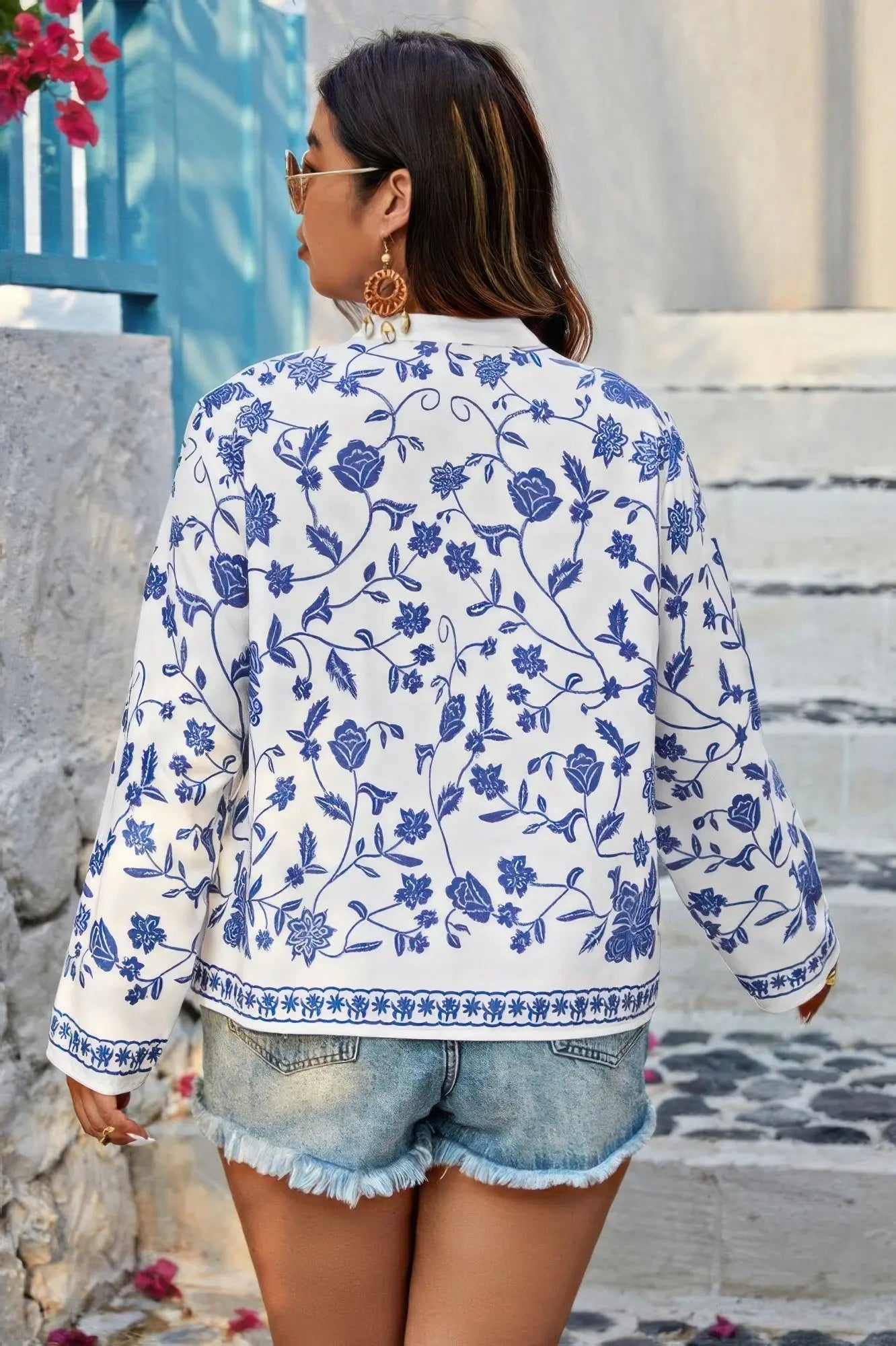 Plus Size V Neck Button Floral Print Loose Blouse - Couture Envy