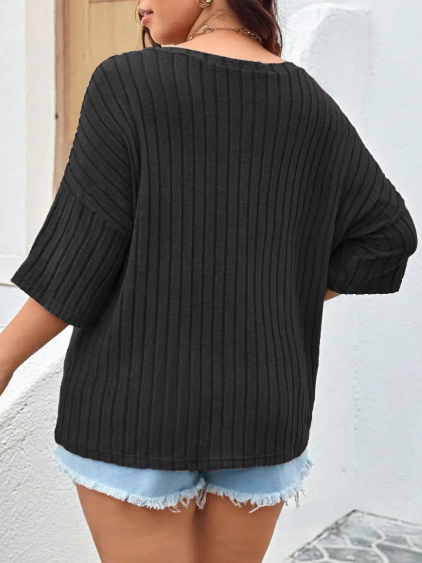 Plus Size V - Neck Ribbed Knit T-Shirt is your go - to comfort top - Couture Envy