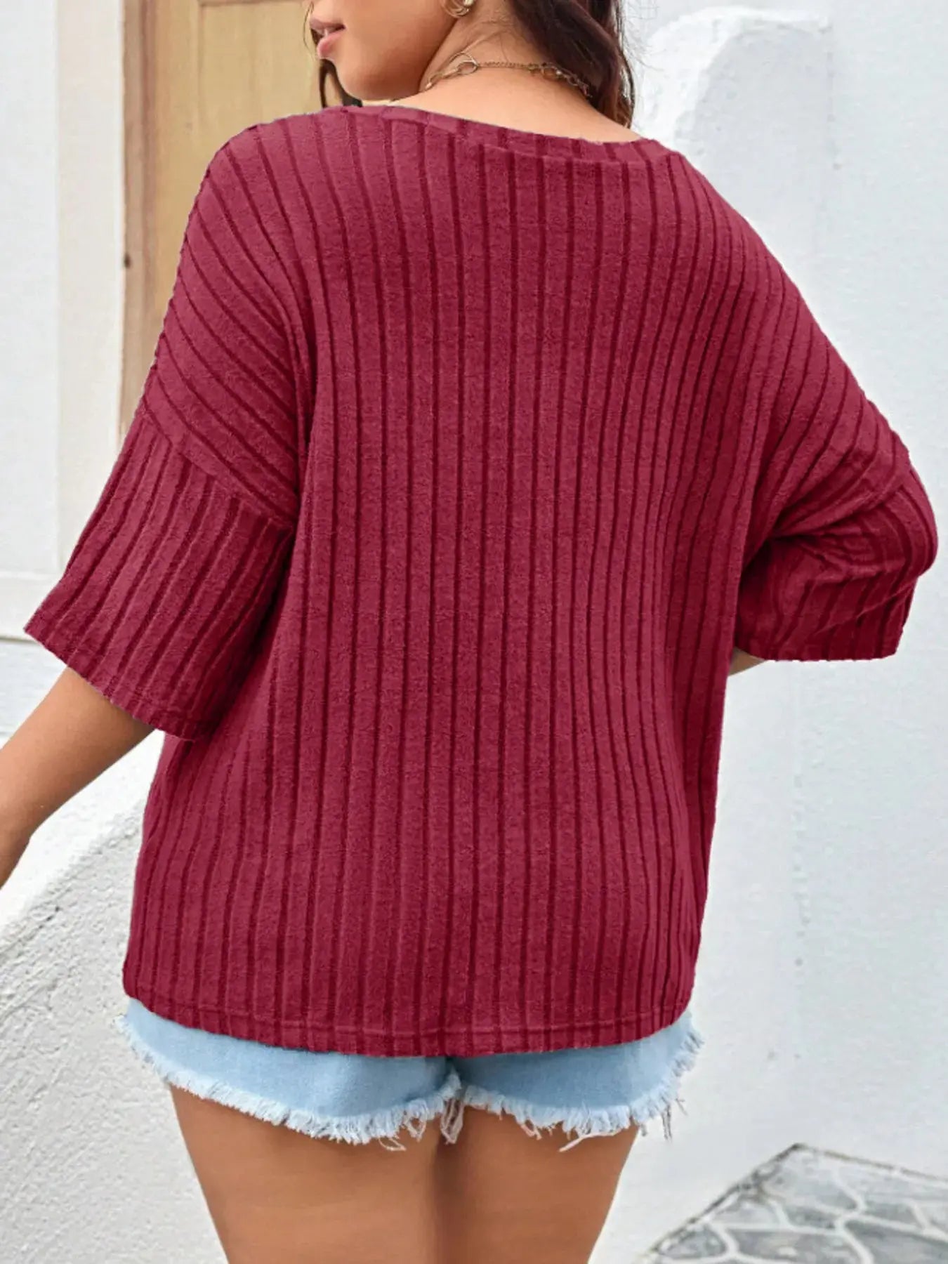 Plus Size V - Neck Ribbed Knit T-Shirt is your go - to comfort top - Couture Envy