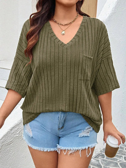 Plus Size V - Neck Ribbed Knit T-Shirt is your go - to comfort top - Couture Envy