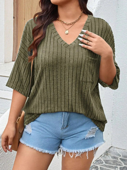 Plus Size V - Neck Ribbed Knit T-Shirt is your go - to comfort top - Couture Envy