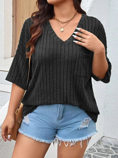 Plus Size V - Neck Ribbed Knit T-Shirt is your go - to comfort top - Couture Envy