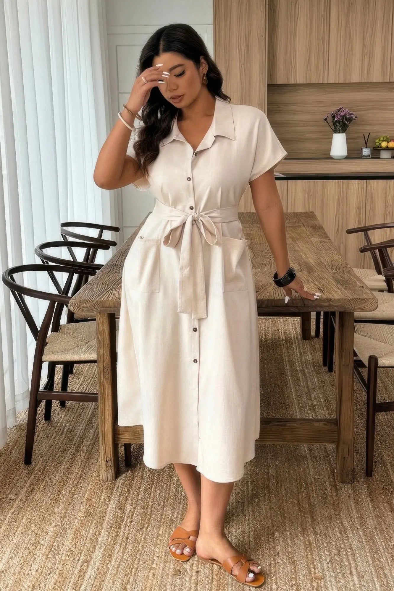 Plus Solid Button Down Straight Belted Shirt Dress - Couture Envy