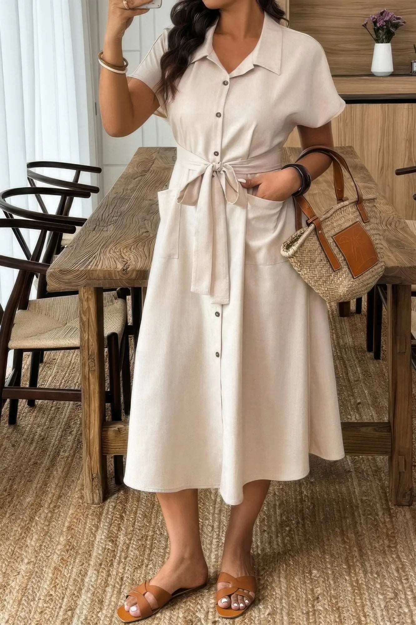 Plus Solid Button Down Straight Belted Shirt Dress - Couture Envy