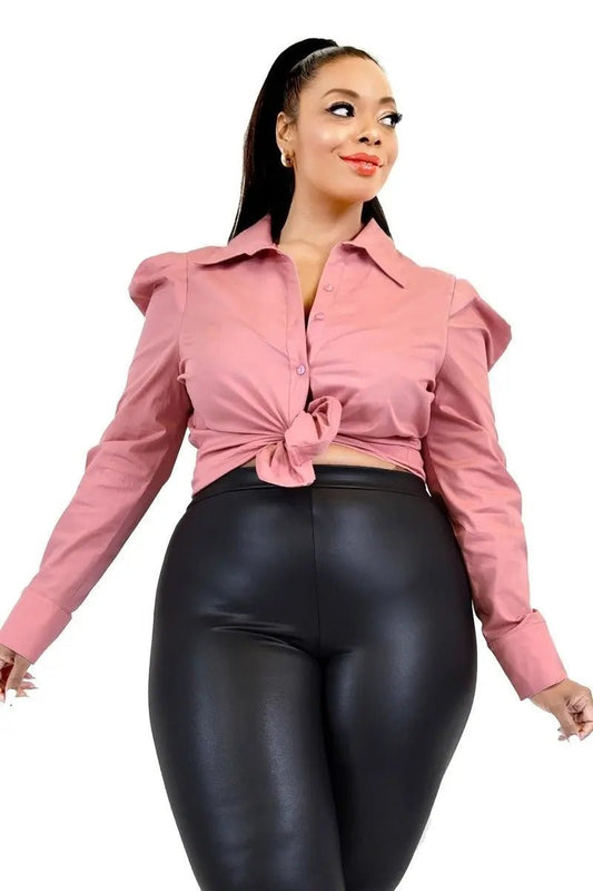 Plus Solid Poplin Puff Sleeve Shirt - Couture Envy