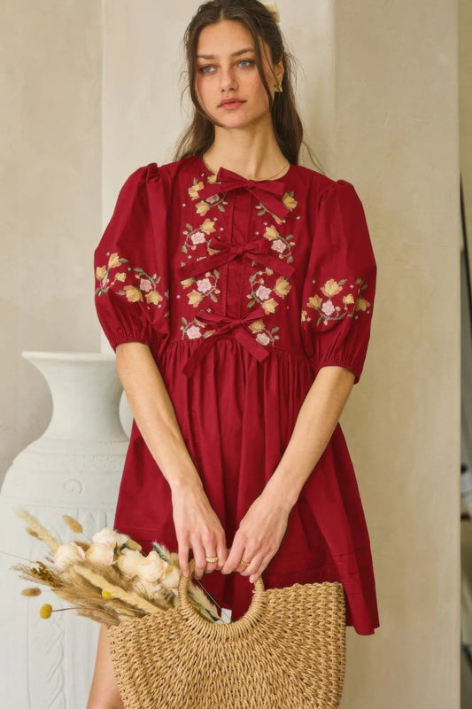 Poplin Front Ribbon Tie Baby Doll Dress - Couture Envy