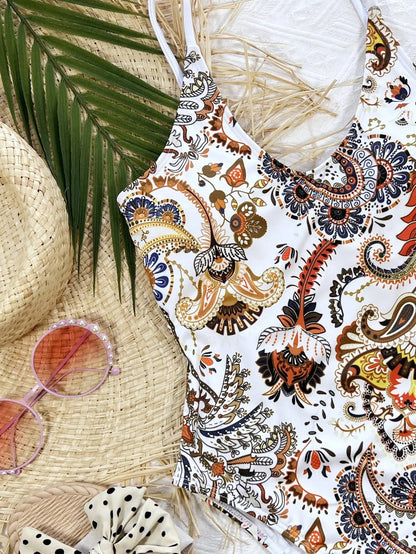 Printed Tie Back Scoop Neck One - Piece Swimsuit - Couture Envy
