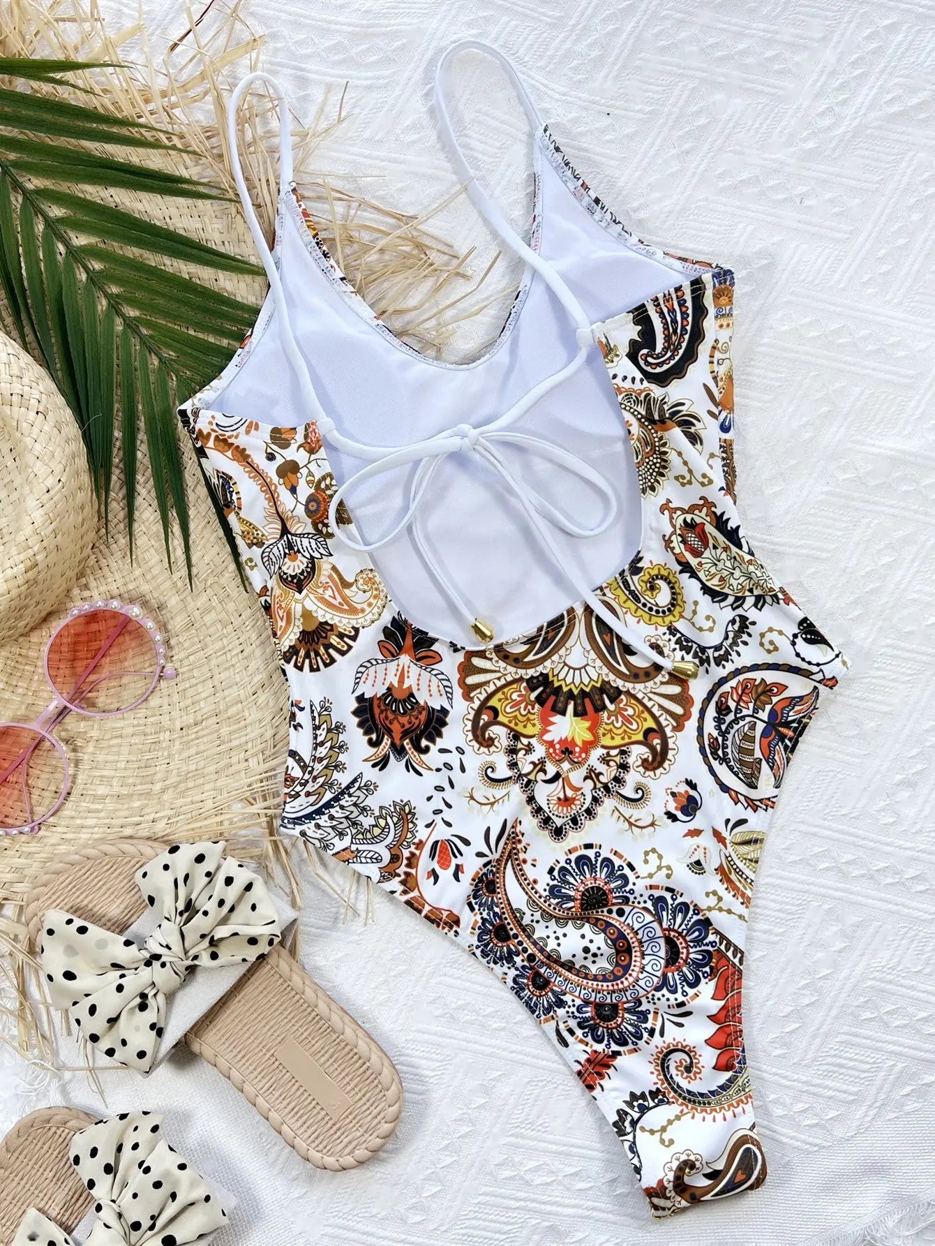 Printed Tie Back Scoop Neck One - Piece Swimsuit - Couture Envy