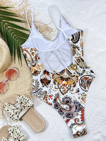 Printed Tie Back Scoop Neck One - Piece Swimsuit - Couture Envy