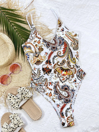 Printed Tie Back Scoop Neck One - Piece Swimsuit - Couture Envy