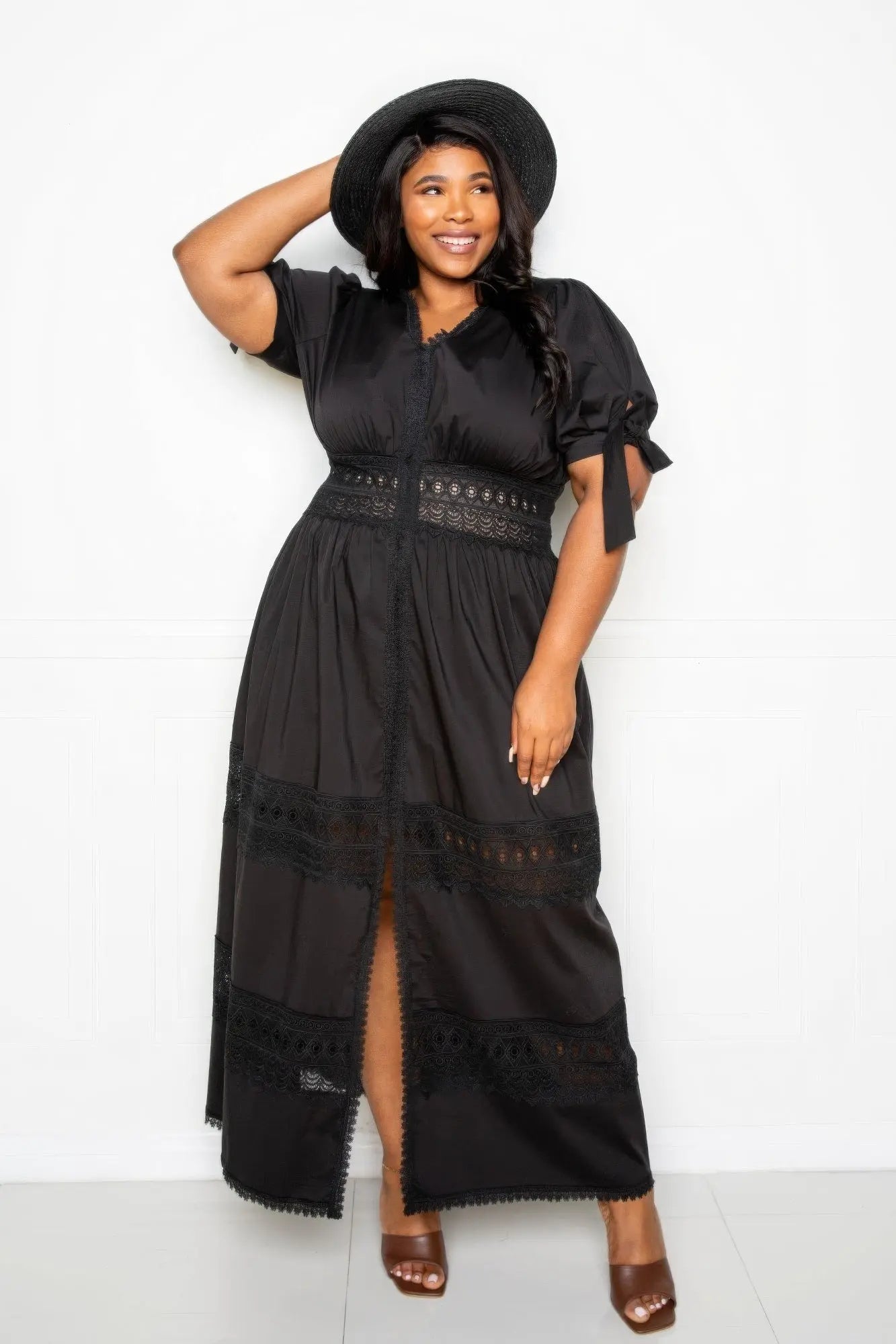 Puff Sleeve Maxi Dress With Lace Insert - Couture Envy