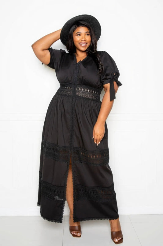 Puff Sleeve Maxi Dress With Lace Insert - Couture Envy