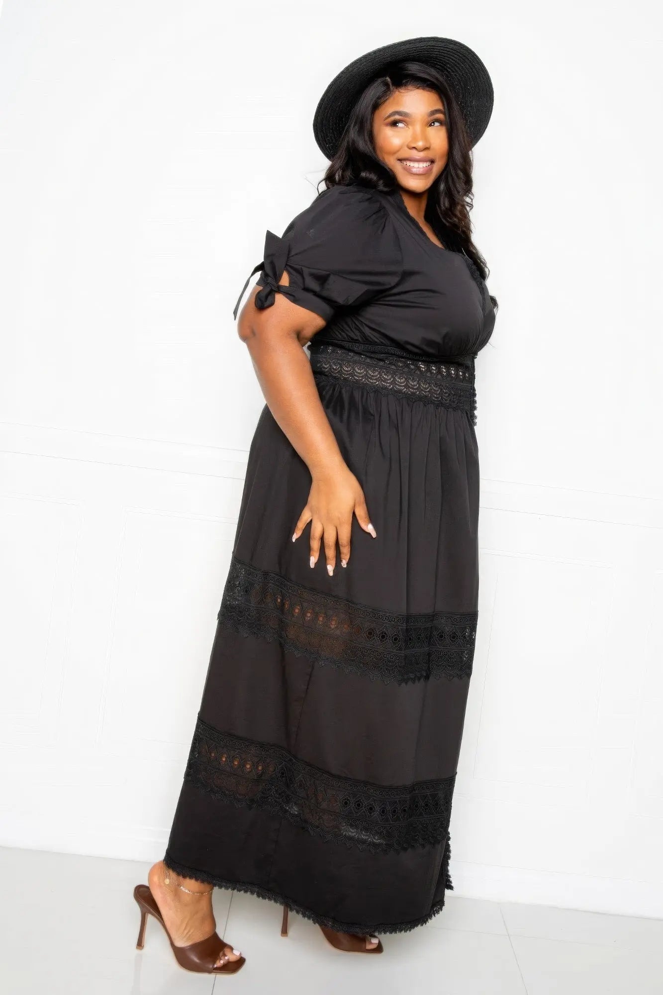 Puff Sleeve Maxi Dress With Lace Insert - Couture Envy