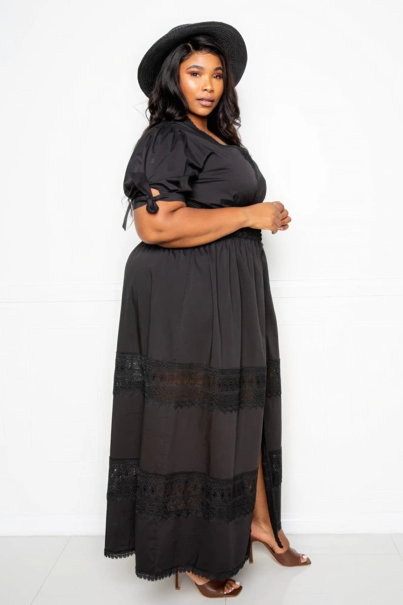 Puff Sleeve Maxi Dress With Lace Insert - Couture Envy