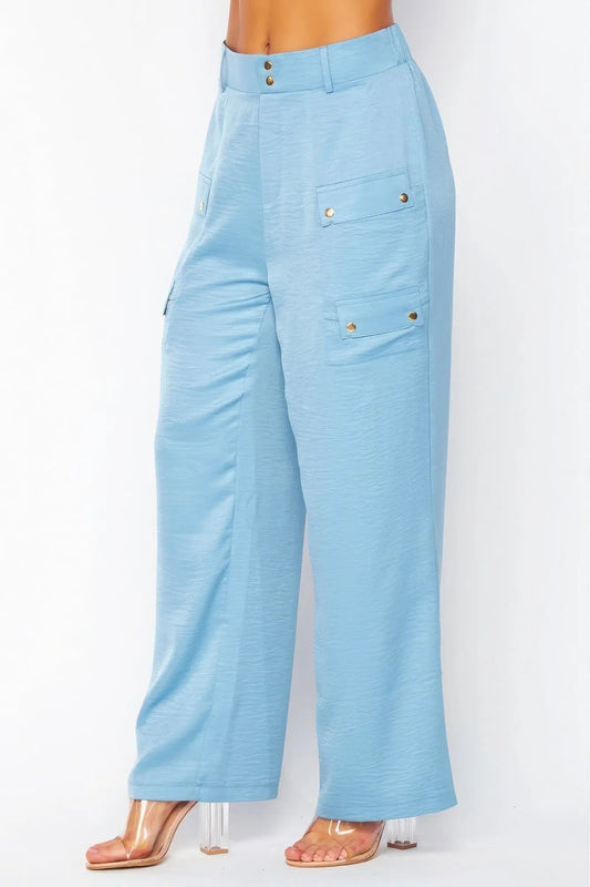 Satin Cargo Pocket Wide Leg Pants - Couture Envy