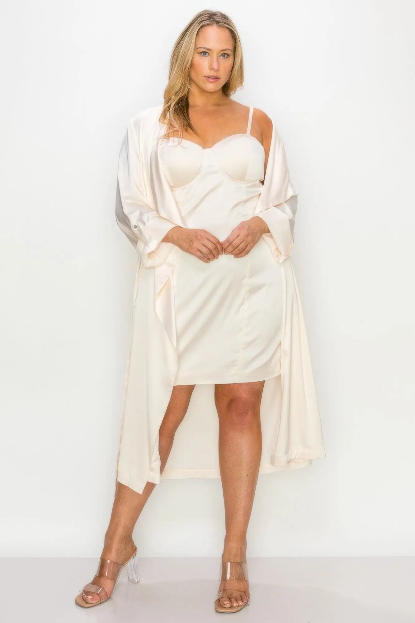 Satin Strap Dress With Self Belt Coat Set - Couture Envy