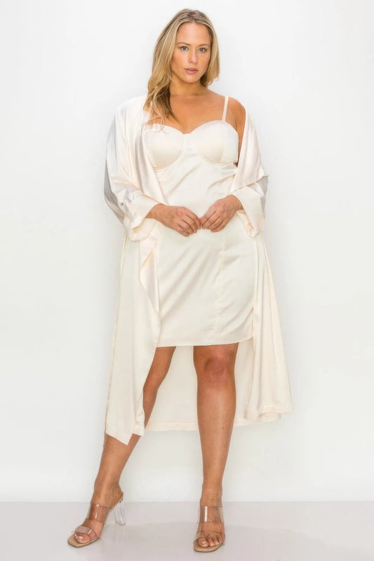 Satin Strap Dress With Self Belt Coat Set - Couture Envy