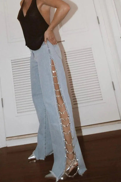 Side Chain Wide Leg Jeans - Couture Envy