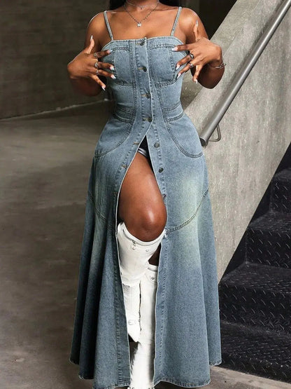 Smocked Button Front Denim Cami Dress - Couture Envy