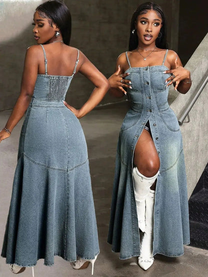 Smocked Button Front Denim Cami Dress - Couture Envy