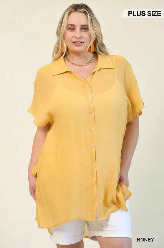 Solid Button Down Loose Fit Long Shirts With Side Slits - Couture Envy