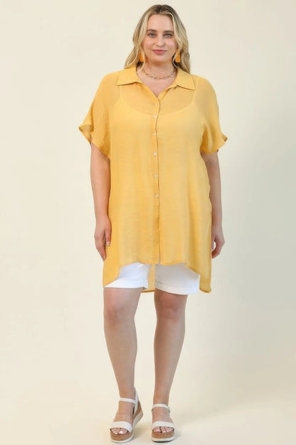 Solid Button Down Loose Fit Long Shirts With Side Slits - Couture Envy