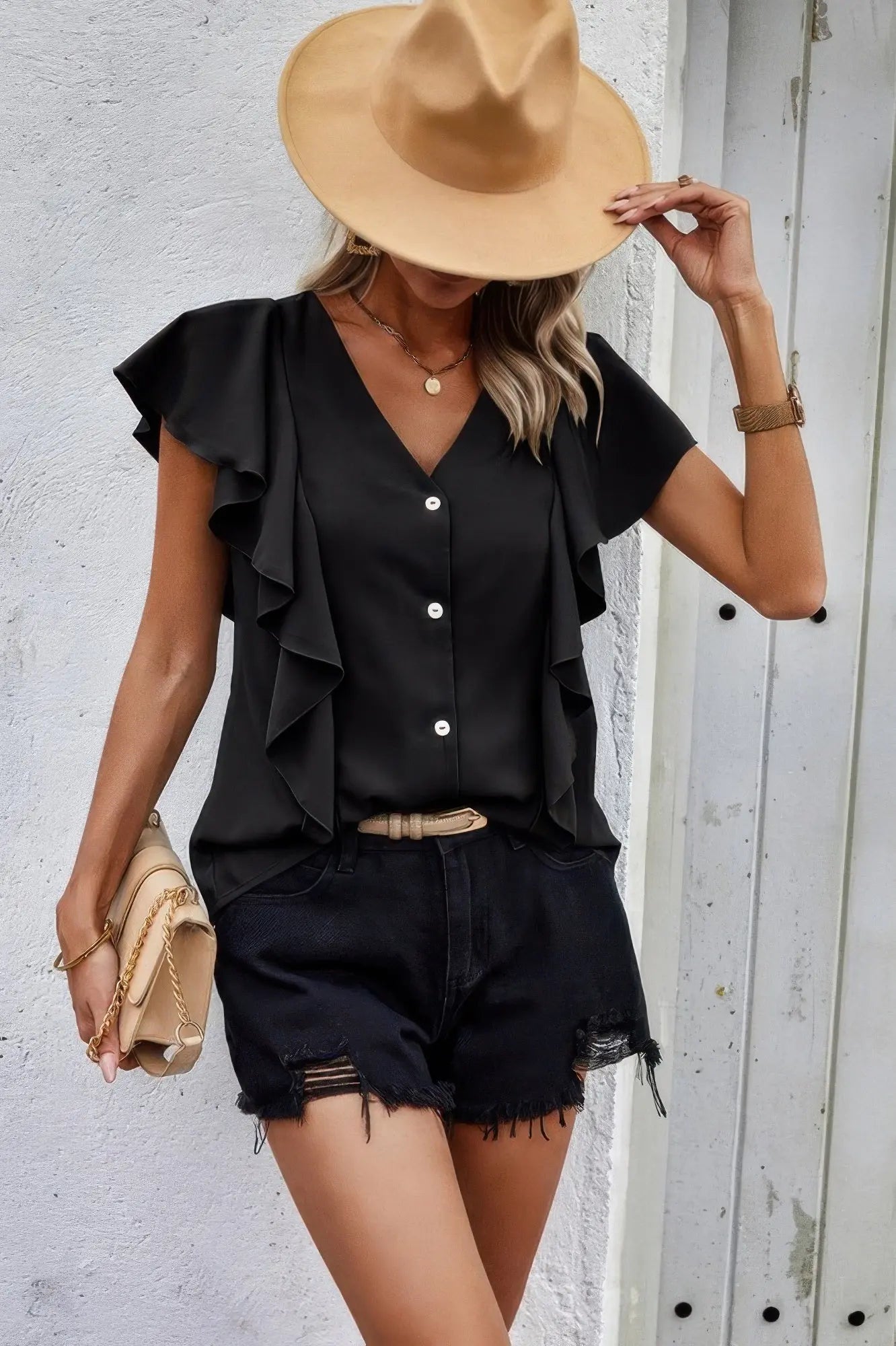 Solid Button Ruffle V Neck Fit Blouse - Couture Envy
