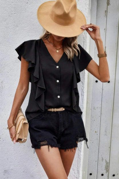 Solid Button Ruffle V Neck Fit Blouse - Couture Envy