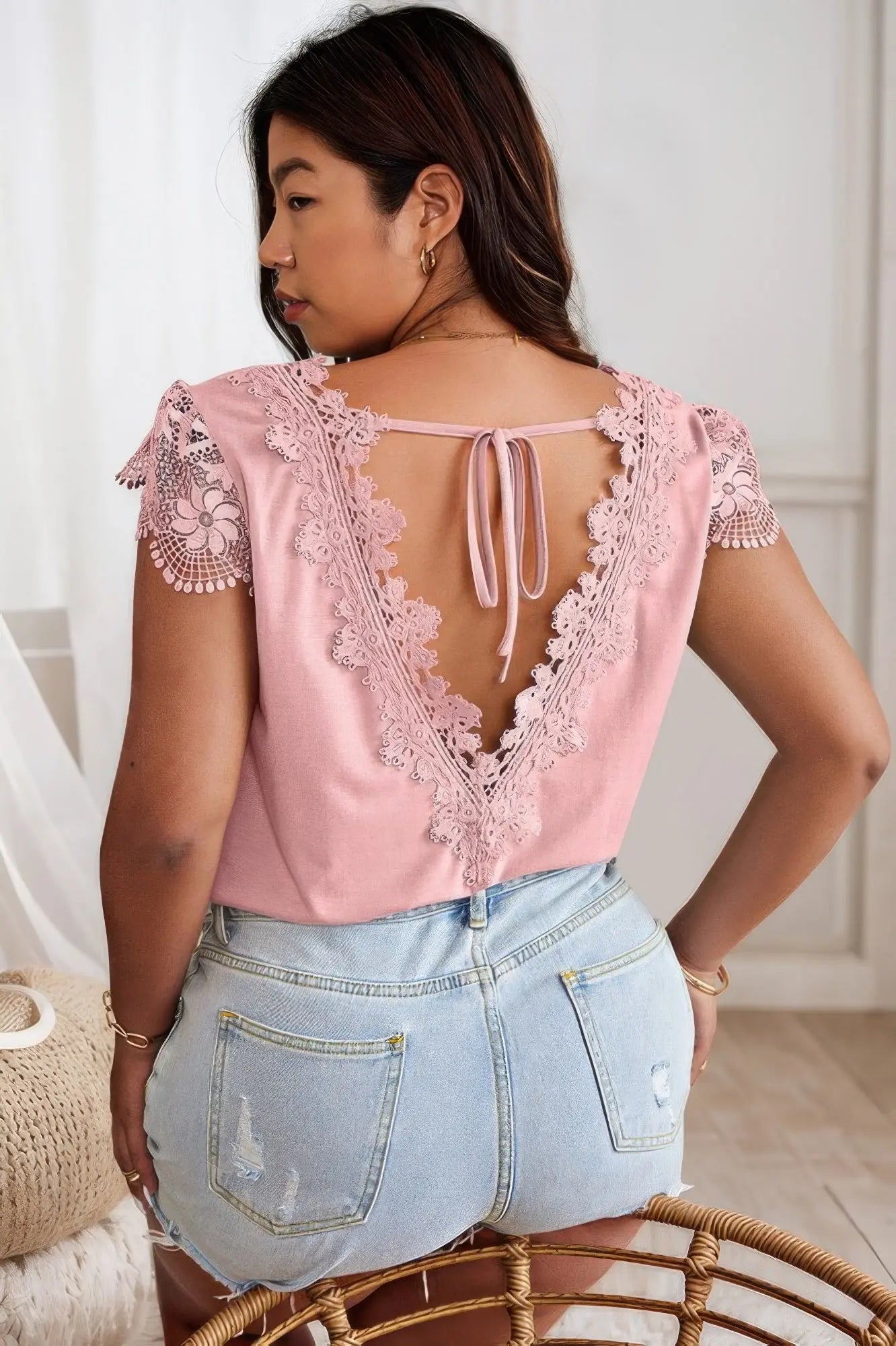 Solid V Neck Lace Splicing Back Bowknot T Shirt - Couture Envy