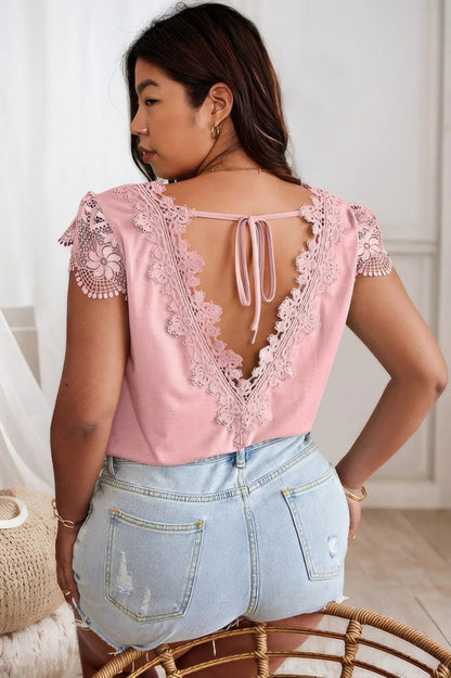 Solid V Neck Lace Splicing Back Bowknot T Shirt - Couture Envy