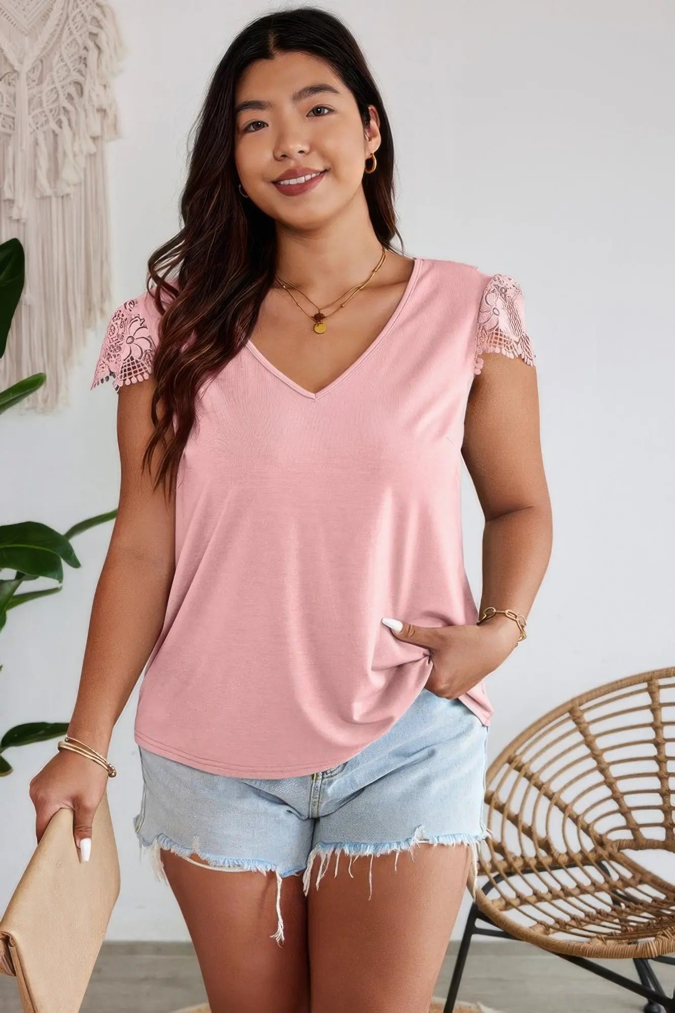 Solid V Neck Lace Splicing Back Bowknot T Shirt - Couture Envy