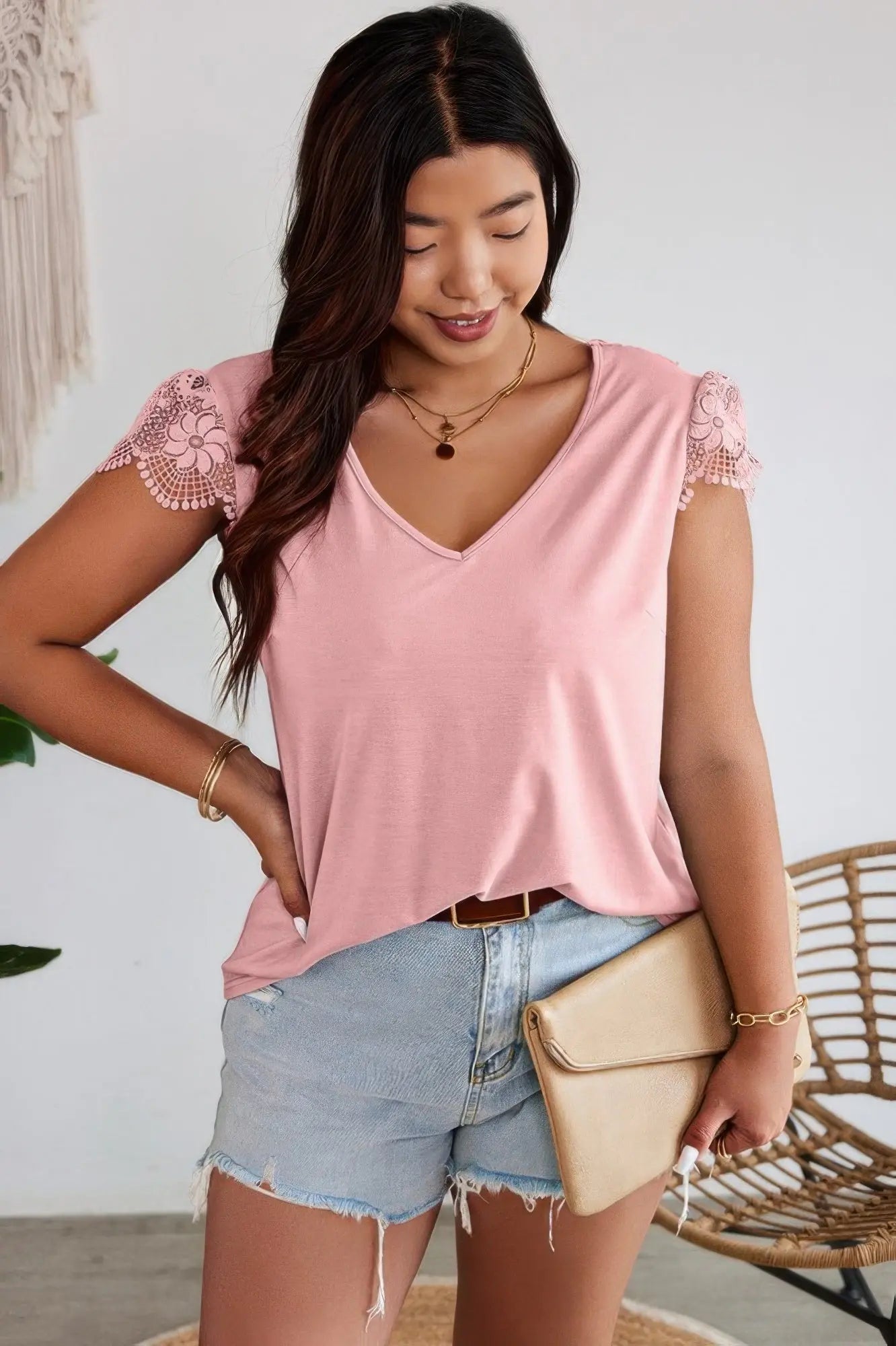 Solid V Neck Lace Splicing Back Bowknot T Shirt - Couture Envy