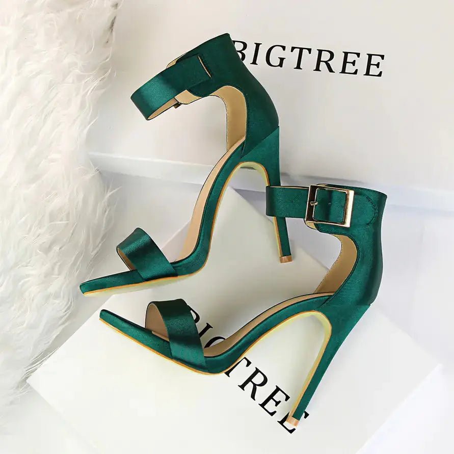 Stiletto Heels, Satin High Heels, Buckle Sandals - Couture Envy