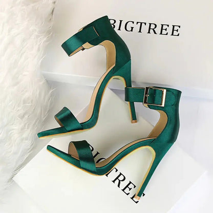 Stiletto Heels, Satin High Heels, Buckle Sandals - Couture Envy