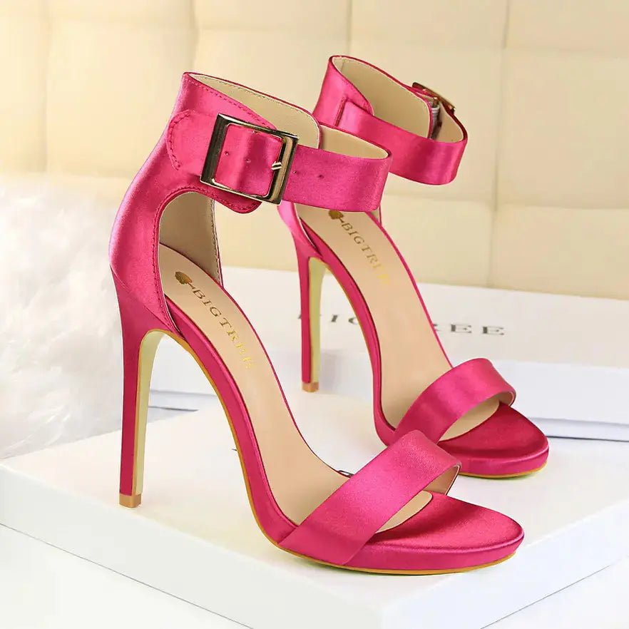 Stiletto Heels, Satin High Heels, Buckle Sandals - Couture Envy