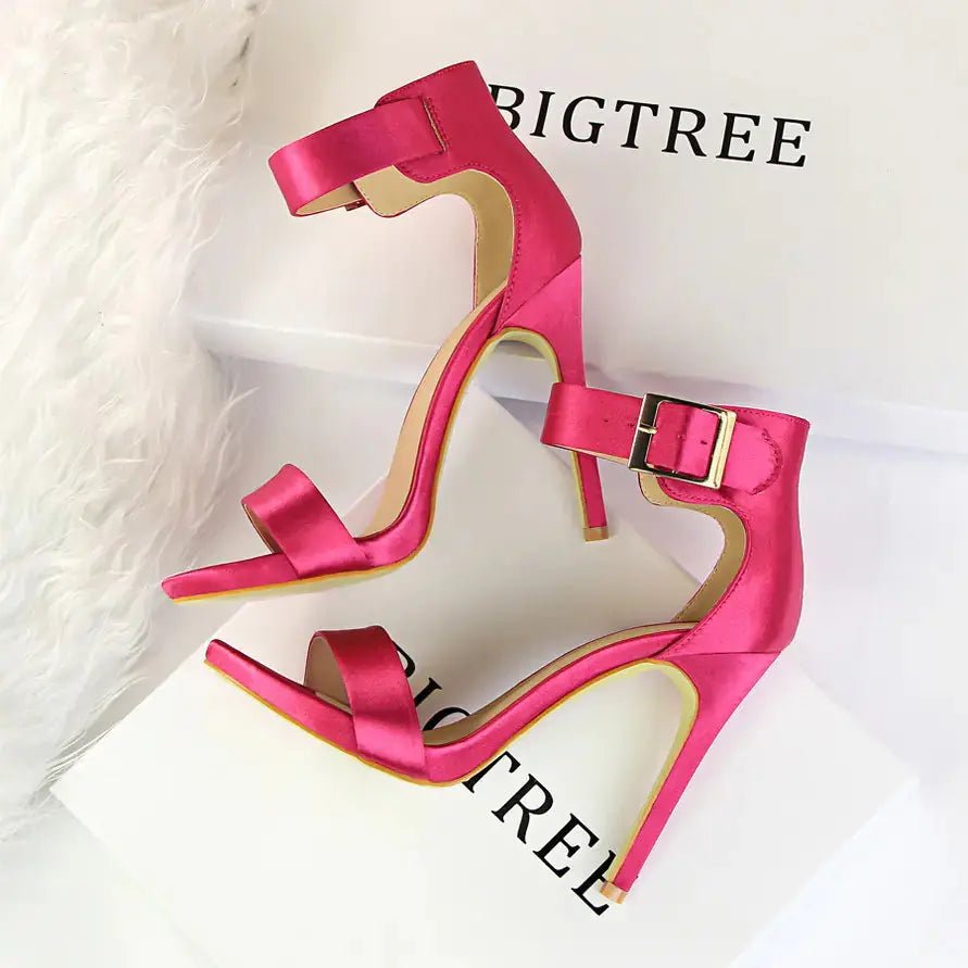 Stiletto Heels, Satin High Heels, Buckle Sandals - Couture Envy